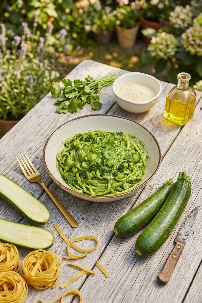 Creamy zucchini pasta made with Meghan Markle’s three-ingredient zucchini sauce recipe served in a bowl