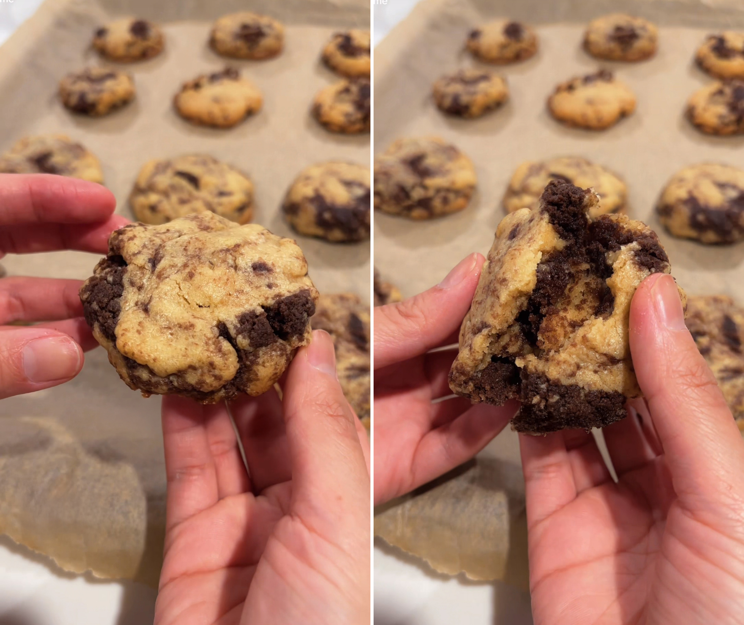Brookie cookie broken in half showing fudgy brownie bits inside